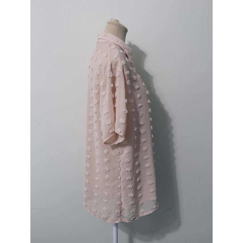 Women Short Sleeve Pom Pom Button Down Blouse Pink Size L Chic Feminine Airy - Picture 4 of 5